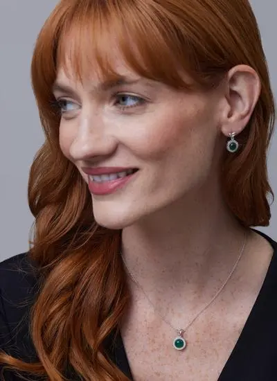 Red haired model wearing Sterling Silver Trinity Knot Pendant with Agate 